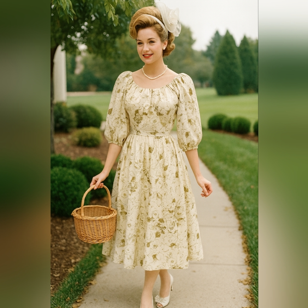 Vintage Cream Floral Blouson Top Aline‎ Dress